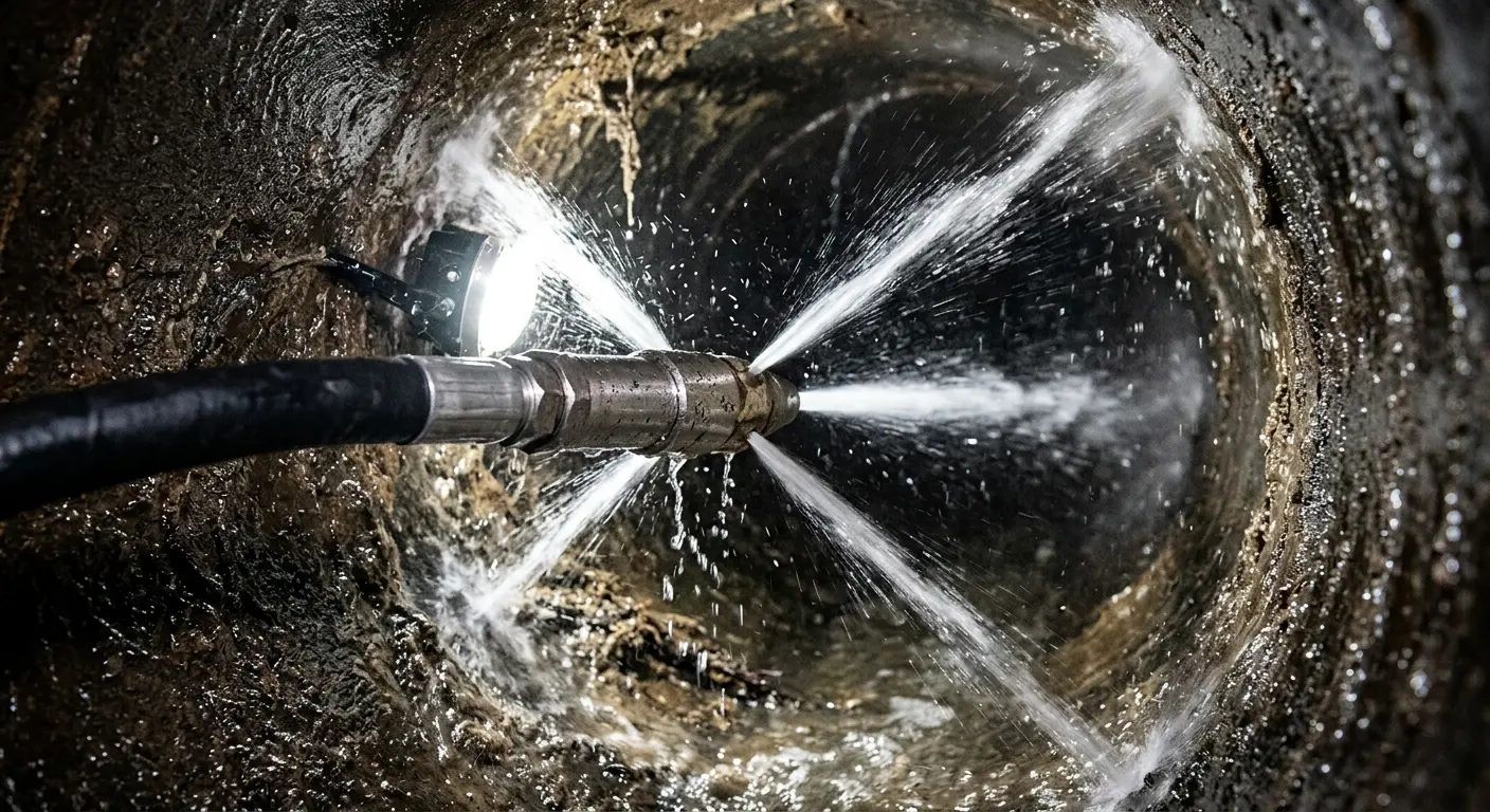 High-pressure hydro jetting nozzle cleaning sewer pipe for Emergency Drain Service in Beekmantown