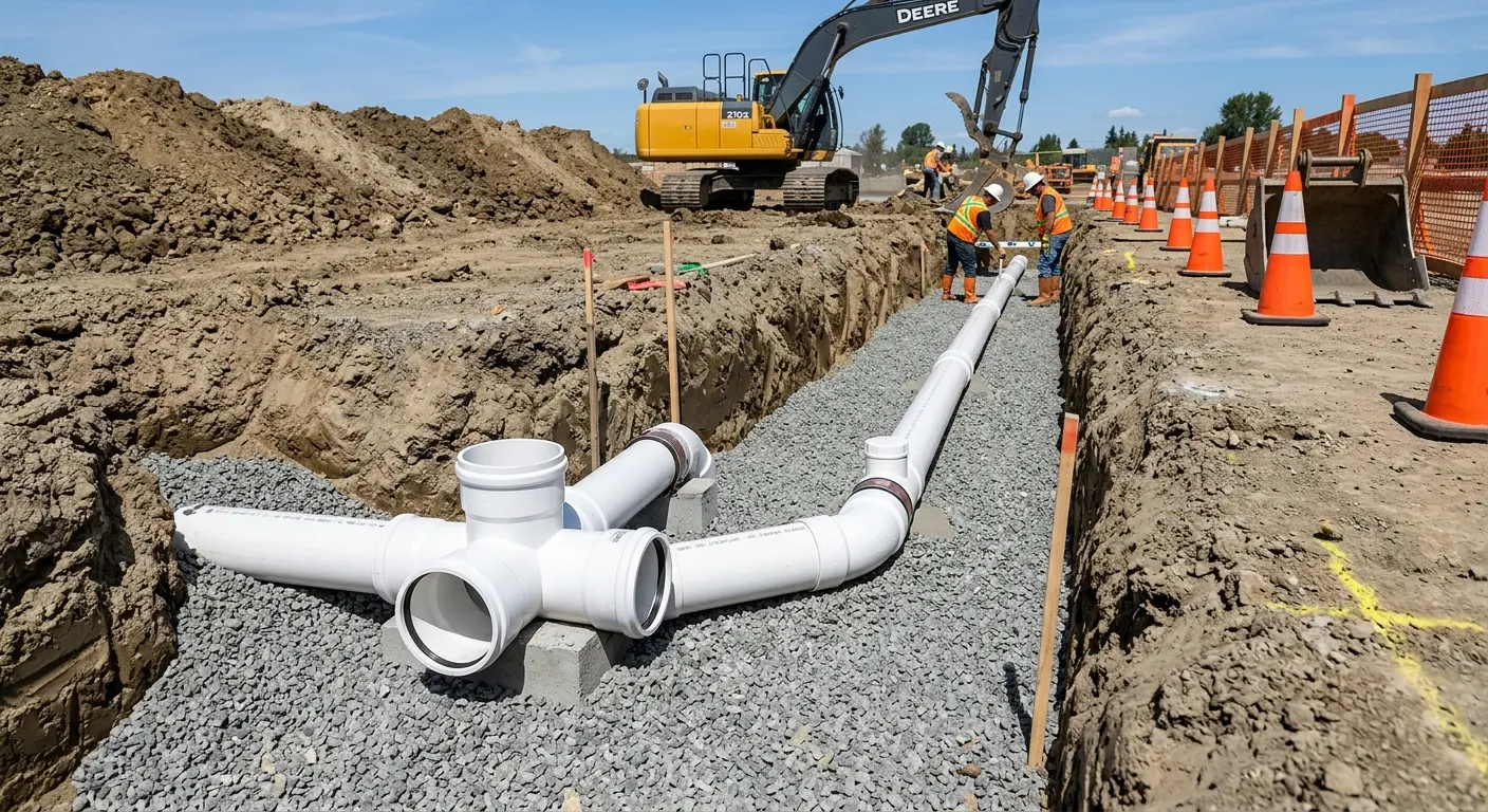 New PVC sewer pipe installation in open trench for Grease Trap Cleaning in Beekmantown
