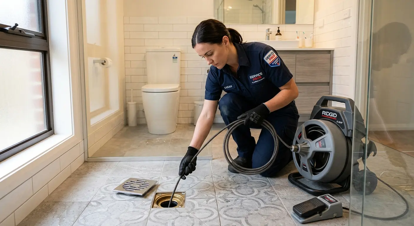 Technician clearing a bathroom floor drain for Hydro Jetting in Beekmantown